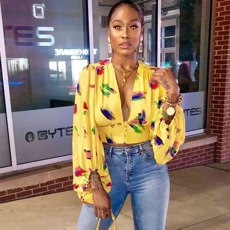S-XXL Sexy Deep V-Neck Lantern Long-Sleeve Blouse