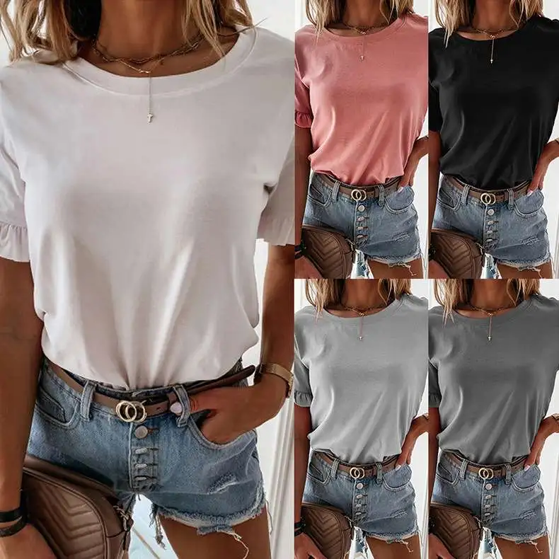 S-Xxl Women Solid Color Round Neck Short-Sleeve Ruffle T-Shirt Street Hipster Style