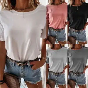 S-Xxl Women Solid Color Round Neck Short-Sleeve Ruffle T-Shirt Street Hipster Style