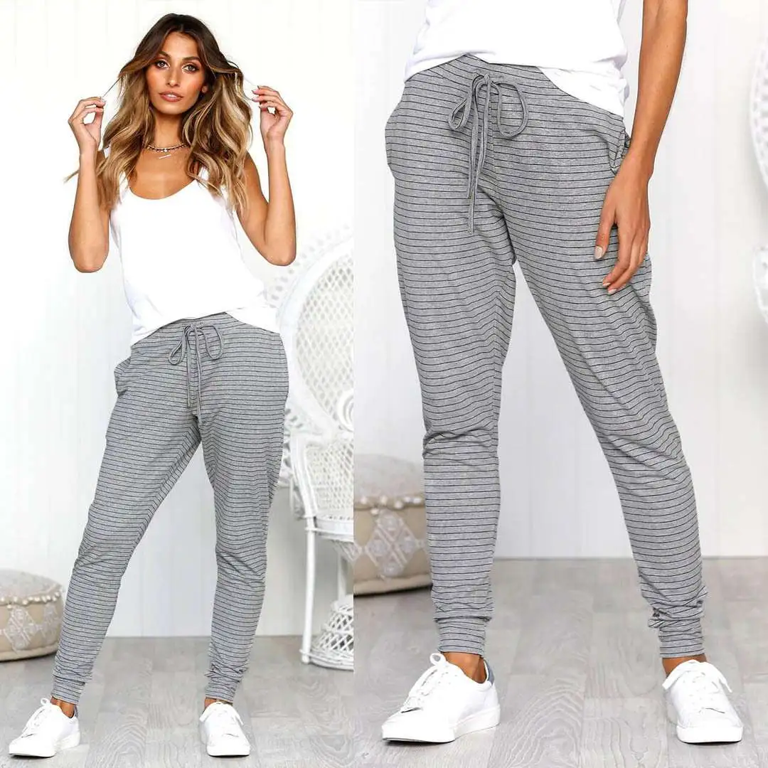 S-XL Women Stripe Drawstring Waist Casual Wide Leg Capris Pants