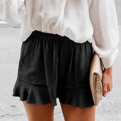 S-5XL Women Cotton Elastic Waist Ruffle Casual Shorts