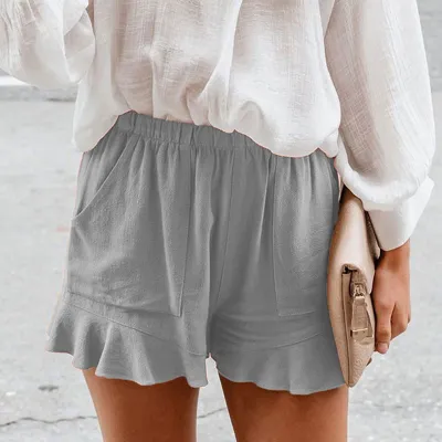 S-5XL Women Cotton Elastic Waist Ruffle Casual Shorts