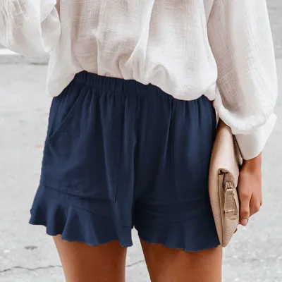 S-5XL Women Cotton Elastic Waist Ruffle Casual Shorts