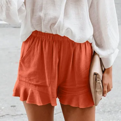 S-5XL Women Cotton Elastic Waist Ruffle Casual Shorts