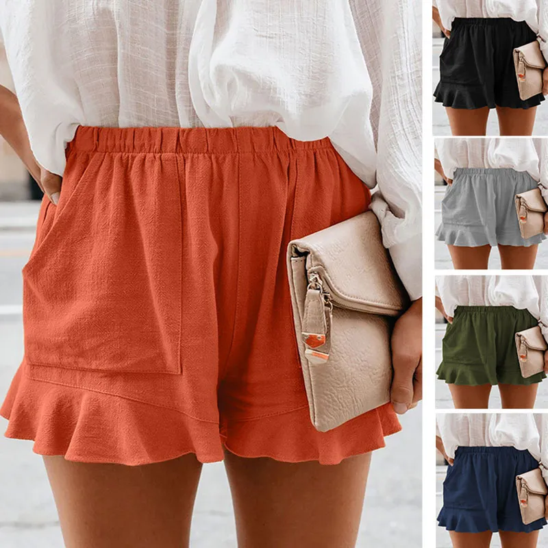 S-5XL Women Cotton Elastic Waist Ruffle Casual Shorts