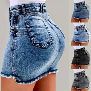 S-3XL Women High-waisted Tassels Mini Denim Skirt