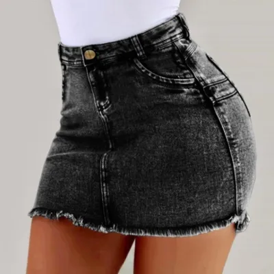 S-3XL Women High-waisted Tassels Mini Denim Skirt