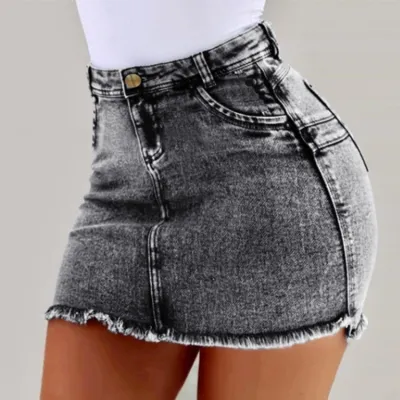 S-3XL Women High-waisted Tassels Mini Denim Skirt
