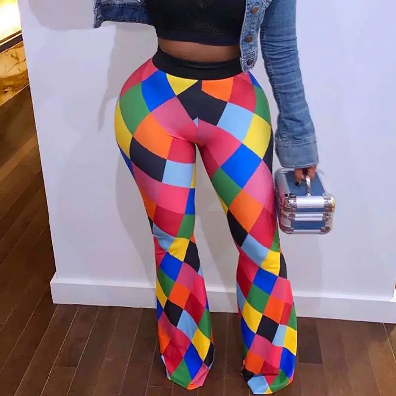 S-3XL Women High-waisted Multicolor Geometric Print Wide Leg Trousers