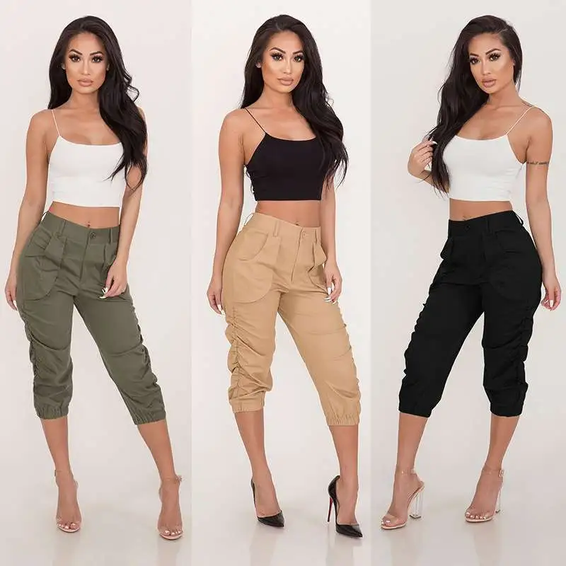 S-3XL Women Fashion Crease Solid Color High-waisted Cropped Trousers