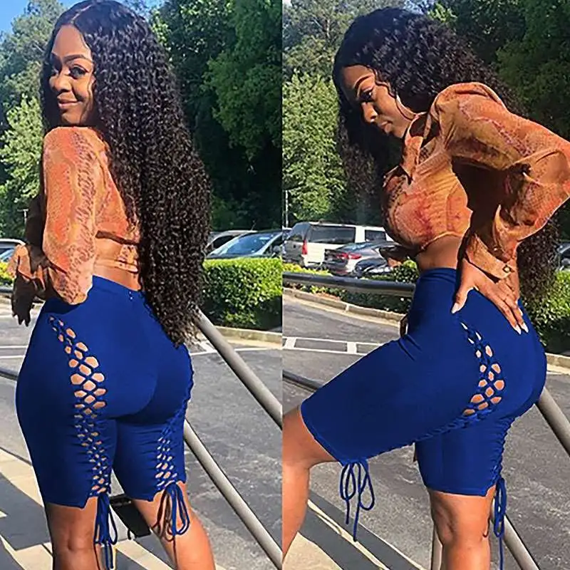 S-XXL Women Solid Color Bandage Hollow Tight Shorts