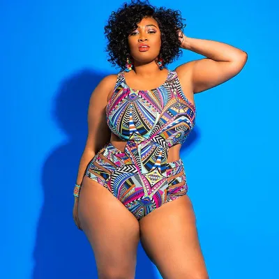 XL-4XL Women Plus Size One-piece Swimwear Geometric Print Hollow Sexy