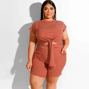 XXL-5XL 2Pcs/sets Women Plus Size Round Collar Short-sleeve Lace-up Stripe Tee And Shorts