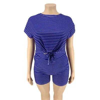 XXL-5XL 2Pcs/sets Women Plus Size Round Collar Short-sleeve Lace-up Stripe Tee And Shorts