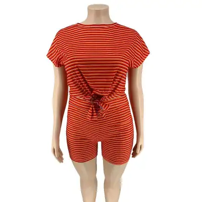 XXL-5XL 2Pcs/sets Women Plus Size Round Collar Short-sleeve Lace-up Stripe Tee And Shorts