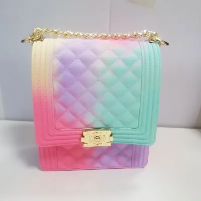 Women Fashion Gradient Color Metal Chain Crossbody Jelly Mini Bag