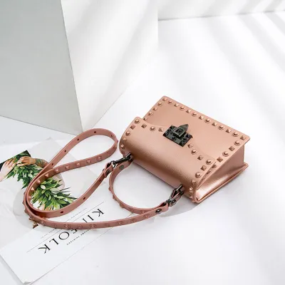 20*8*14cm Women Fashion Matte Surface Rivet Design Solid Color PVC Crossbody Bag with Lock Closure