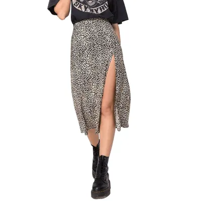 S-XL Fashion Leopard Print High-waisted Side-slit A-line Skirt