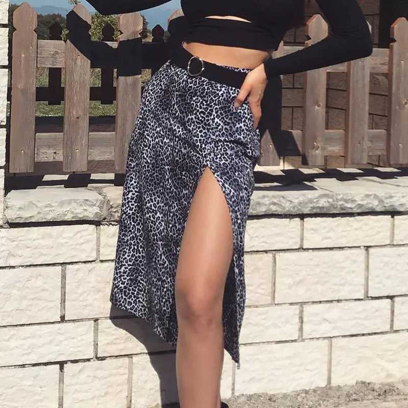 S-XL Fashion Leopard Print High-waisted Side-slit A-line Skirt