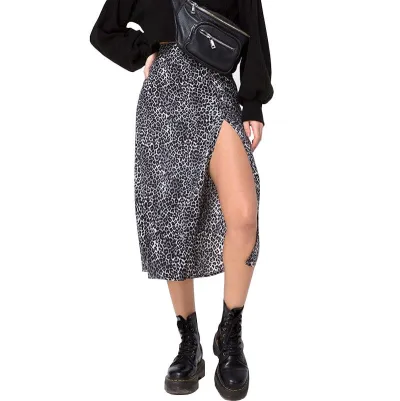 S-XL Fashion Leopard Print High-waisted Side-slit A-line Skirt