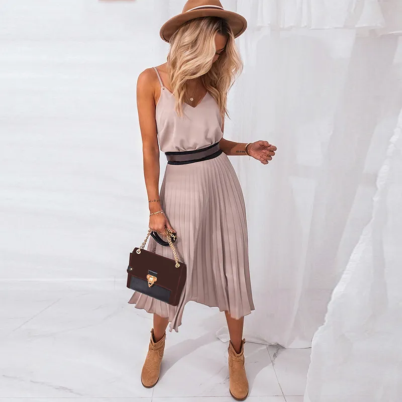 S-XL Sexy Sleeveless V-neck Pleated Midi Dress for Office Casual Wear
