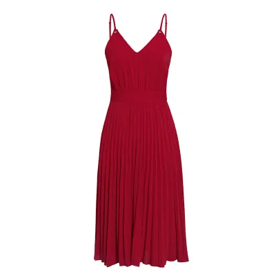 S-XL Sexy Sleeveless V-neck Pleated Midi Dress for Office Casual Wear