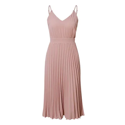 S-XL Sexy Sleeveless V-neck Pleated Midi Dress for Office Casual Wear