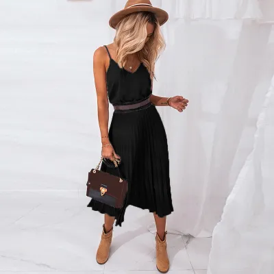 S-XL Sexy Sleeveless V-neck Pleated Midi Dress for Office Casual Wear
