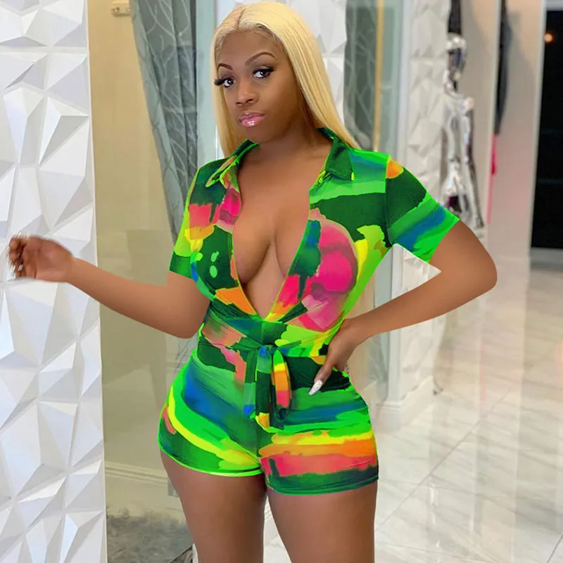 S-3XL Women Sexy Multicolor V Neck Short-sleeve Tight Rompers