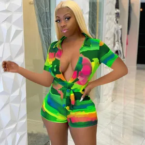 S-3XL Women Sexy Multicolor V Neck Short-sleeve Tight Rompers