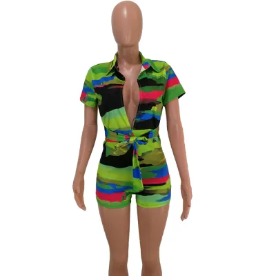 S-3XL Women Sexy Multicolor V Neck Short-sleeve Tight Rompers