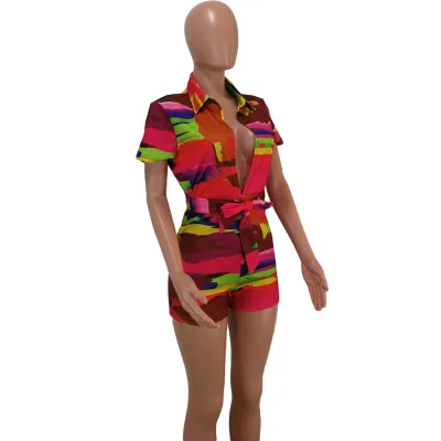 S-3XL Women Sexy Multicolor V Neck Short-sleeve Tight Rompers