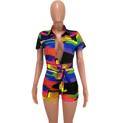 S-3XL Women Sexy Multicolor V Neck Short-sleeve Tight Rompers