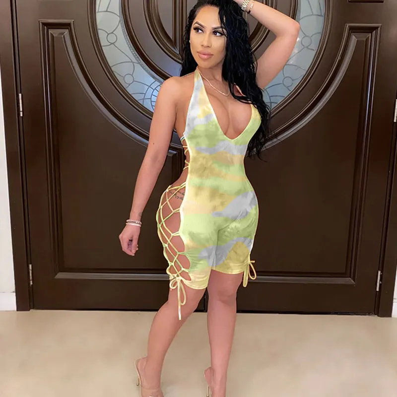 S-XXL Women Sexy V-neck Hollow Lace-up Tie-dye Tight Rompers