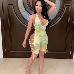 S-XXL Women Sexy V-neck Hollow Lace-up Tie-dye Tight Rompers