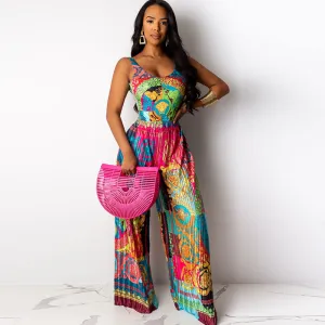 S-3XL Women Backless Sleeveless Graphic Print Romper Jumpsuit