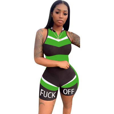 S-XXL Women Sleeveless Stand Collar Zipper Patchwork Letter Print Tight Rompers