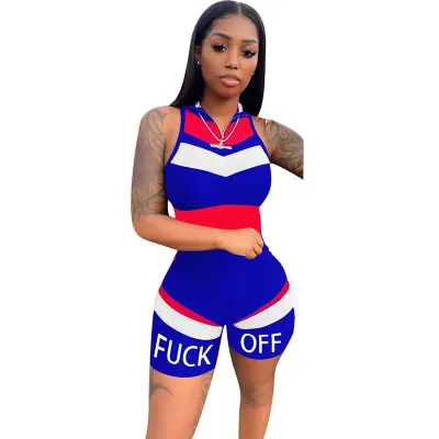 S-XXL Women Sleeveless Stand Collar Zipper Patchwork Letter Print Tight Rompers