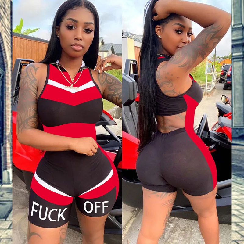 S-XXL Women Sleeveless Stand Collar Zipper Patchwork Letter Print Tight Rompers