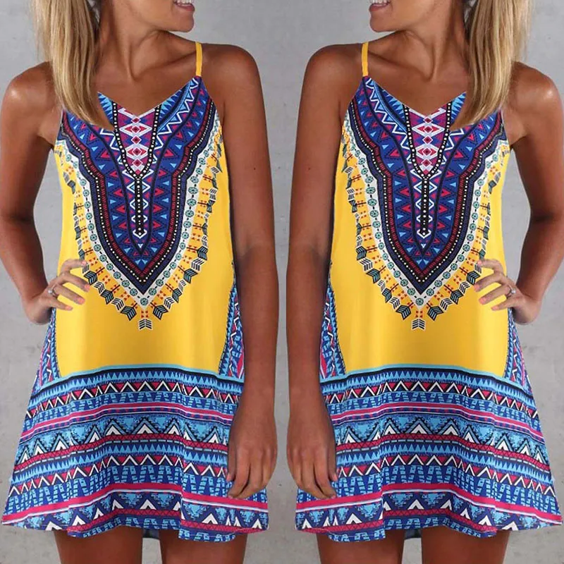 S-3XL Women Ethnic Print Sling Dress