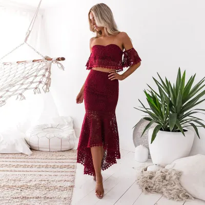 S-XL Women Sexy Solid Color Lace Tube Top And High-low Hemline Skirt Two Piece Sets