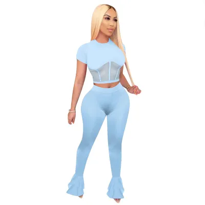 S-XXL 2Pcs/Set Sexy Solid Color Mesh Hollow Short Sleeve Top And Flare Trousers