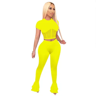 S-XXL 2Pcs/Set Sexy Solid Color Mesh Hollow Short Sleeve Top And Flare Trousers