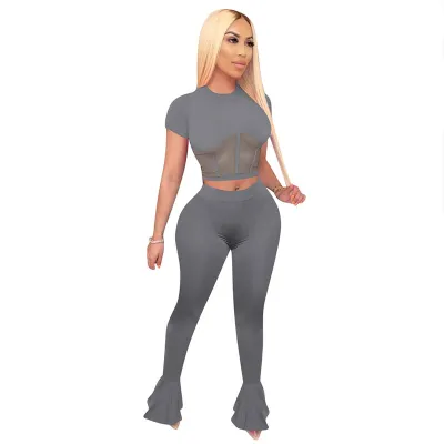 S-XXL 2Pcs/Set Sexy Solid Color Mesh Hollow Short Sleeve Top And Flare Trousers