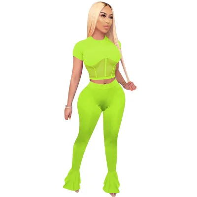 S-XXL 2Pcs/Set Sexy Solid Color Mesh Hollow Short Sleeve Top And Flare Trousers