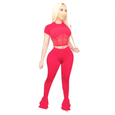 S-XXL 2Pcs/Set Sexy Solid Color Mesh Hollow Short Sleeve Top And Flare Trousers