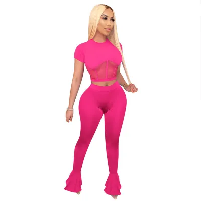 S-XXL 2Pcs/Set Sexy Solid Color Mesh Hollow Short Sleeve Top And Flare Trousers