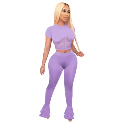 S-XXL 2Pcs/Set Sexy Solid Color Mesh Hollow Short Sleeve Top And Flare Trousers