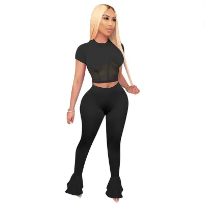 S-XXL 2Pcs/Set Sexy Solid Color Mesh Hollow Short Sleeve Top And Flare Trousers