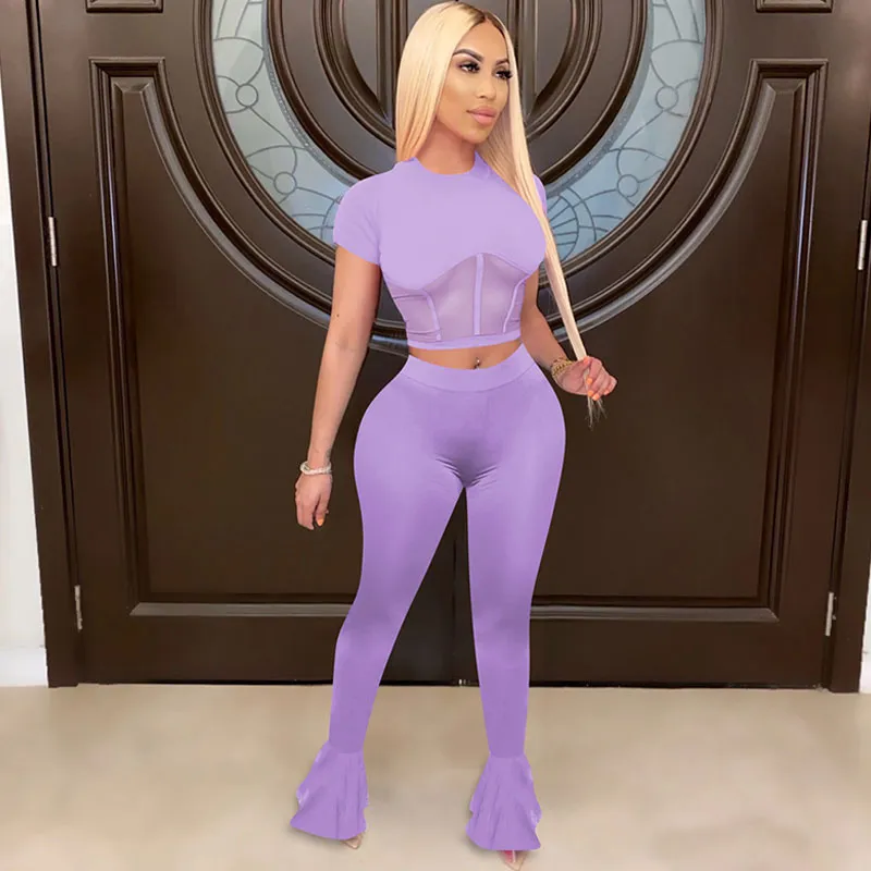 S-XXL 2Pcs/Set Sexy Solid Color Mesh Hollow Short Sleeve Top And Flare Trousers